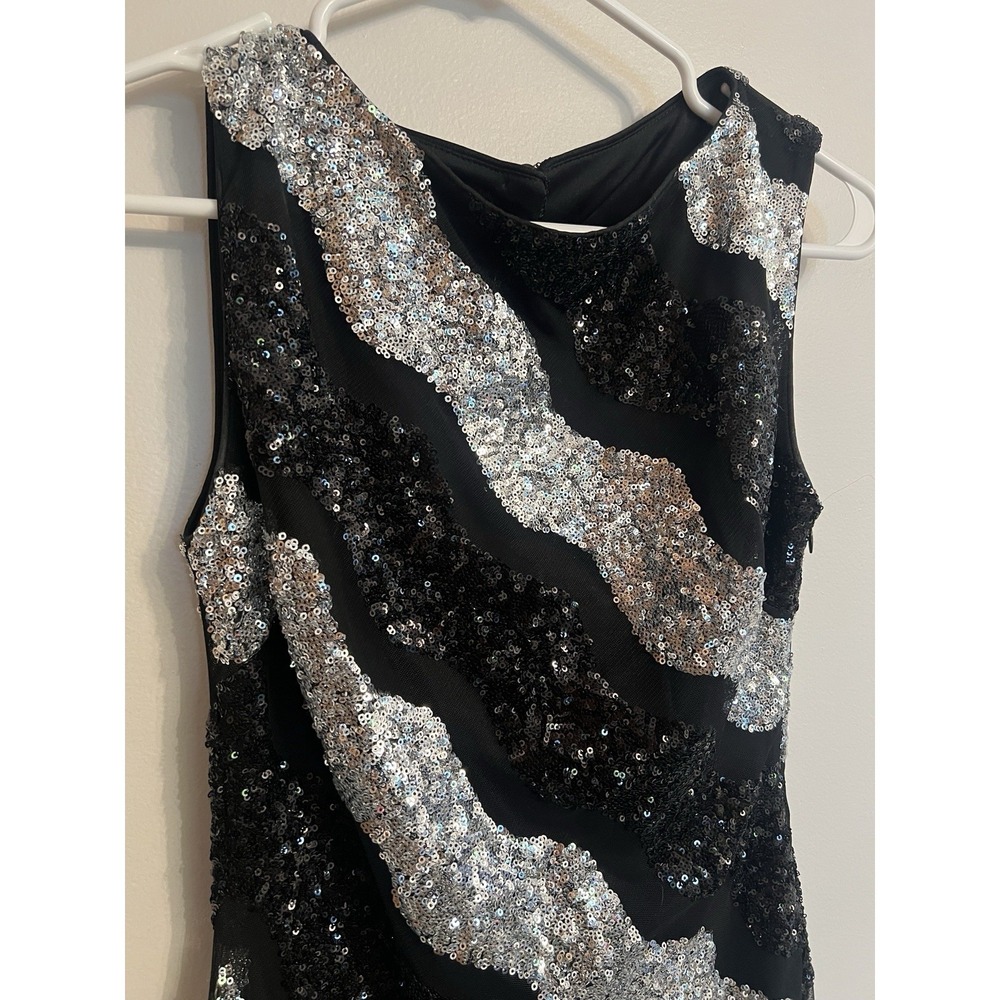 Caché VTG Black Sequined Silver Black Diagonal Sheath Mini Dress Zip Lined 2 - Picture 2 of 6